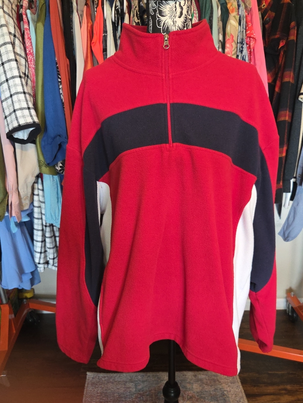 Men's Red Zip-Up Fleece Pullover with Contrast Panels